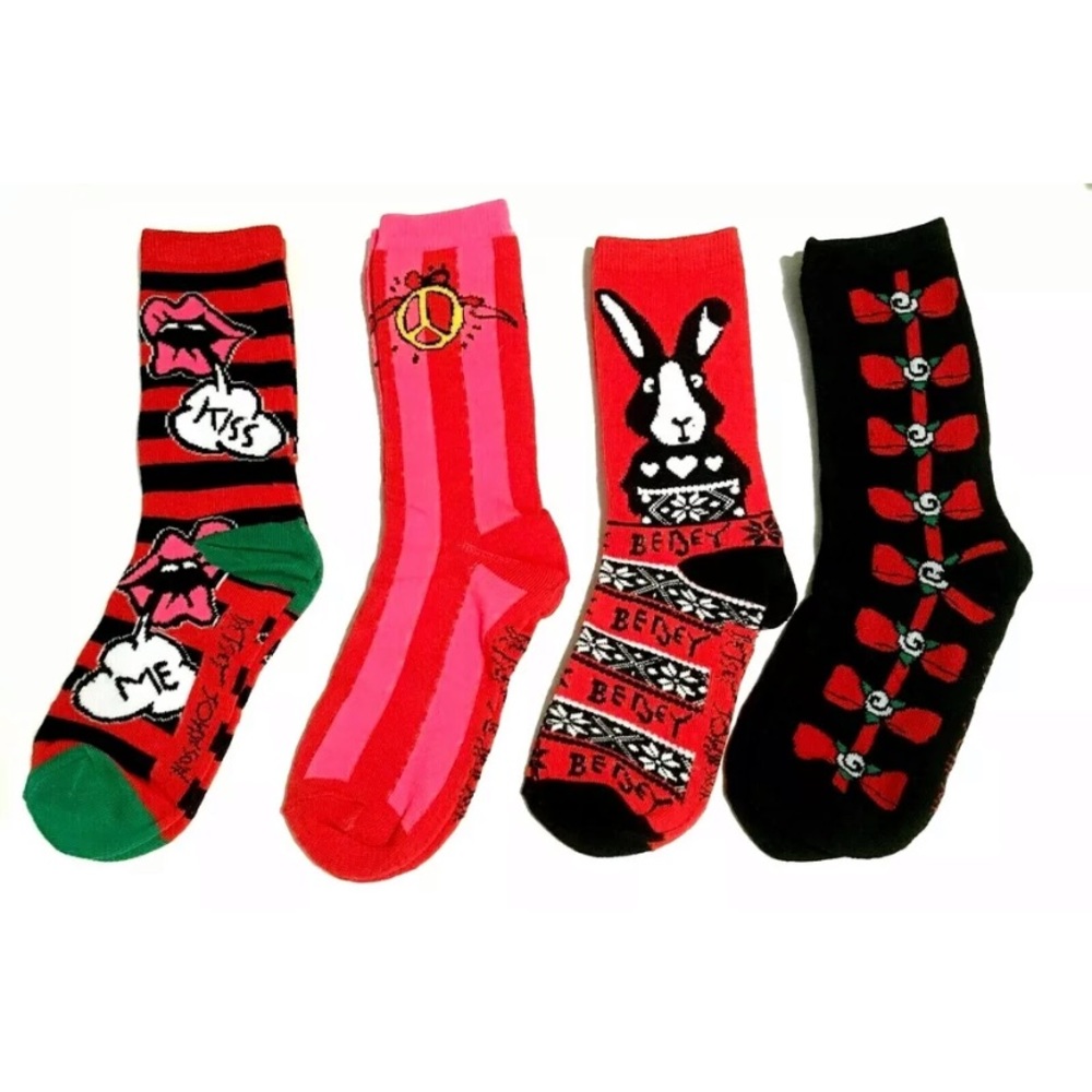 Betsey Johnson Womens Crew Socks Red Pink Green Kiss Bow Stripes Bunny Christmas